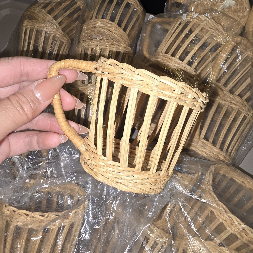 Set of 24 Vintage Boho Wicker Rattan Cup Glass Holders Handles Garden Party 3”